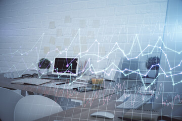 Multi exposure of stock market chart drawing and office interior background. Concept of financial analysis.