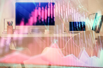 Double exposure of stock market graph drawing and office interior background. Concept of financial analysis.