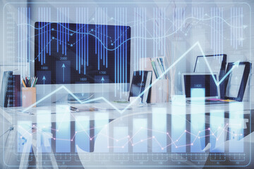 Double exposure of stock market graph drawing and office interior background. Concept of financial analysis.