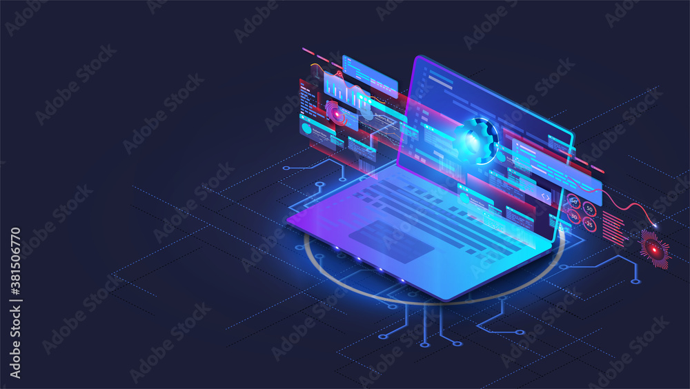 Leinwandbilder isometric application of laptop with business graph, analytics data. analysis trends and software de