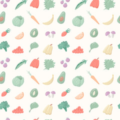 Vector illustration of a group of cartoon objects. Seamless pattern, healthy food with vitamins and minerals. Vegetables, fruits and cereals. Background decoration.