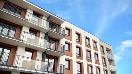 Futuristic square architecture of apartment building for real estate with big windows.