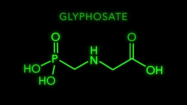 Glyphosate or N-(phosphonomethyl)glycine) Molecular Structure Symbol Neon Animation on black background