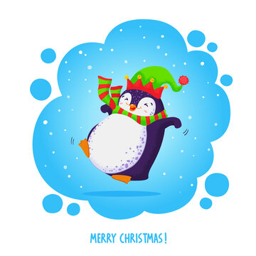 Cute jumping penguin in an elven hat and striped scarf. Merry Christmas greetings.