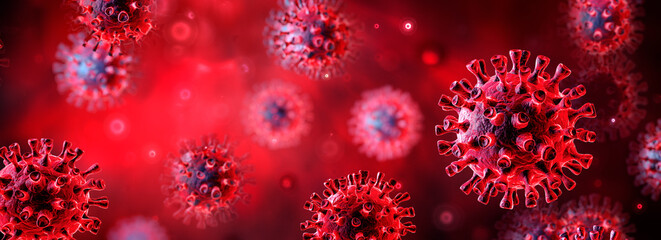 Covid-19 Or SARS-CoV-2 In Liquid - Coronavirus In Red Background - 3d Illustration
 - obrazy, fototapety, plakaty