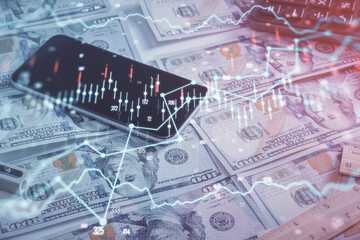 Double exposure of forex graph drawing over us dollars bill background. Concept of financial markets.