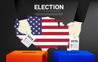 close up two businessman hand put his vote to the red and blue election box with USA map background. concept for election vote theme background.