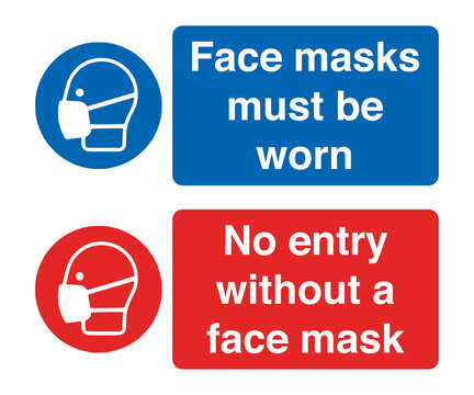 Face mask covering warning signs or stickers. Covid-19 social distancing sign with facemask person illustration symbol icon. Face masks must be worn. No entry without a face mask. Caution signage