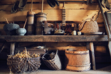 Retro houseware. Antique household items of belarusian peasant.