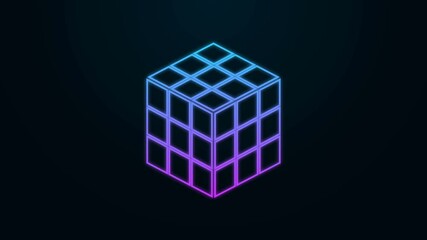 Glowing neon line Rubik cube icon isolated on black background. Mechanical puzzle toy. Rubik's cube 3d combination puzzle. 4K Video motion graphic animation - Powered by Adobe