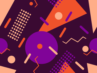 Fototapeta premium Geometric seamless pattern with triangles and dots. Memphis style. Retro fashion 80s background for wrapping paper, print, fabric and printing. Vector illustration