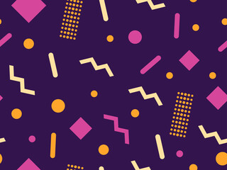 Geometric seamless pattern with triangles and dots. Memphis style. Retro fashion 80s background for wrapping paper, print, fabric and printing. Vector illustration