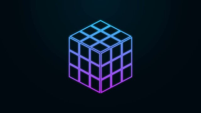 Glowing neon line Rubik cube icon isolated on black background. Mechanical puzzle toy. Rubik's cube 3d combination puzzle. 4K Video motion graphic animation
