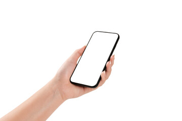 Woman hand holding a mobile phone with white blank screen on white...