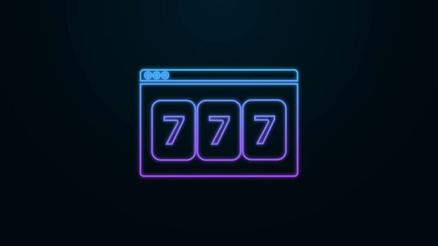 Glowing neon line Online slot machine with lucky sevens jackpot icon isolated on black background. Online casino. 4K Video motion graphic animation