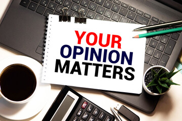 Your opinion matters text on speech bubble with businessman holding paper plane in hand on city...