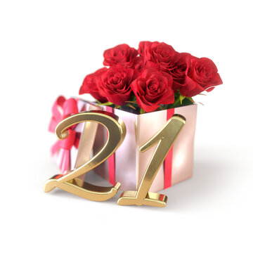 birthday concept with red roses in gift isolated on white background. twenty-first. 21st. 3D render