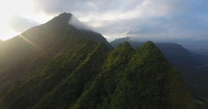 Aerial, mountain in clouds in Hawaii