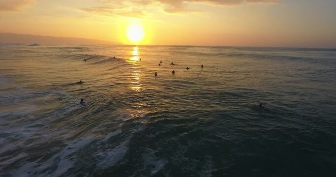 Group of surfers float off Hawaiian coastline, wide aerial