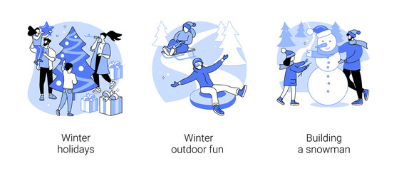 Fototapeta premium Winter entertainment abstract concept vector illustration set. Winter holidays, outdoor fun, building a snowman, Christmas eve, snowball fight, sledding, ski resort vacation abstract metaphor.