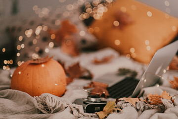 A good autumn and halloween afternoon enjoying a cup of hot chocolate with trinkets in my bed