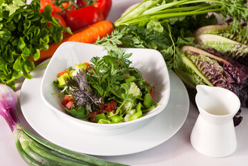 Fresh, healthy garden salad surrounded by ingredients