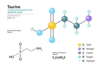 Taurine C2H7NO3S Sulfonic acid. Structural Chemical Formula and Molecule 3d Model. Atoms with Color Coding. Vector Illustration
