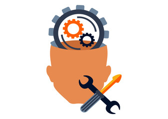 Psychology mental health, depression during coronavirus pandemic. Male head in profile with gear and male silhouette ripping paper background