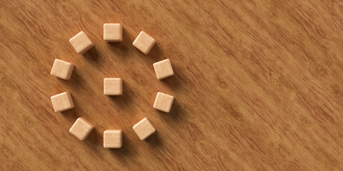 empty wooden cubes in the shape of a circle for own messages and icons on wooden background
