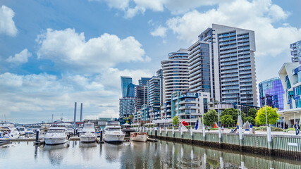 Docklands is a modern harbour development dominated by high-rises and popular for its shopping and waterside dining.