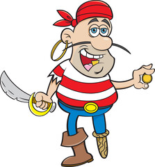 Cartoon illustration of a smiling pirate holding a cutlass and a gold coin.