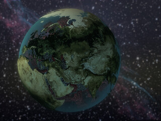 Planet Earth, transparent ocean, model of the Covid-19 coronavirus. 3D rendering.