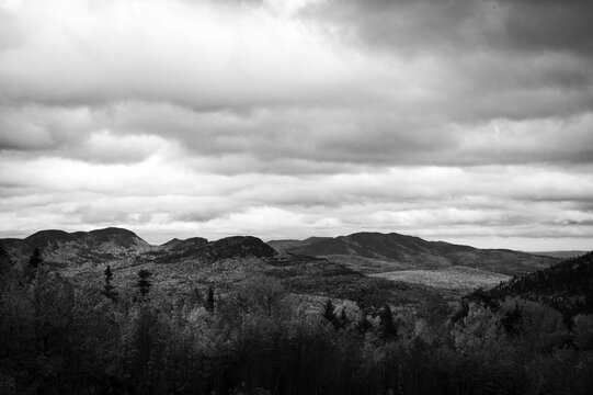 Black and white image of mountains over North Conway New Hampshire