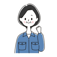 ガッツポーズをする作業服のシニア女性