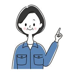 指をさす作業服のシニア女性