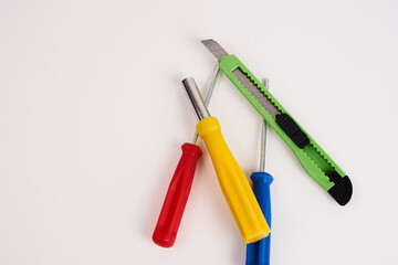construction tools screwdrivers on a light background equipment for repair industry