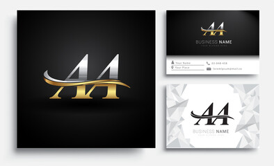 initial letter AA logotype company name colored gold and silver swoosh design. Vector sets for business identity on white background.