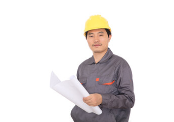 Migrant worker wearing yellow hard hat holding drawings in hand in front of white background