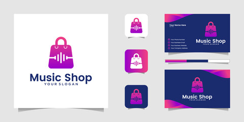 Music shop shopping bag colorful logo and business card