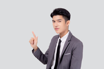 Portrait young asian business man pointing and presenting isolated on white background, advertising and marketing, executive and manager, male confident showing success, expression and emotion.