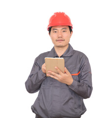 Construction worker with red hard hat holding ipad in hand standing in front of white background