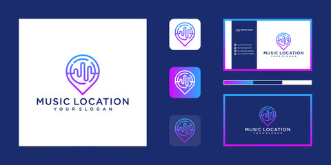 Music location logo design, pin music logo design and business card