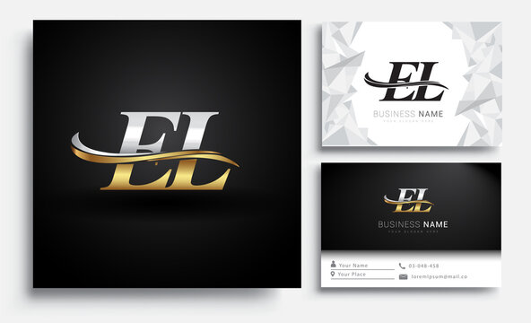 initial letter EL logotype company name colored gold and silver swoosh design. Vector sets for business identity on white background.