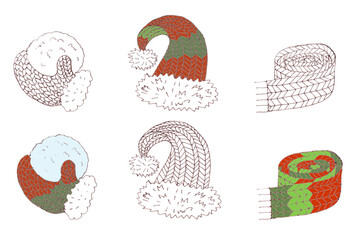 set of knitted winter elements scarf, hat, mittens, graphic monochrome and colored linear pattern on a white background