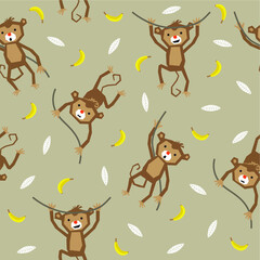 Naklejka premium seamless pattern cute monkey in light brown background with leaf and banana ornament