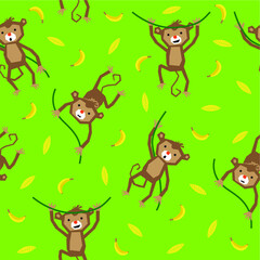 seamless pattern cute monkey in light green background with leaf and banana ornament