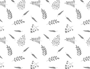 水彩風　植物のシームレスパターン　グレー