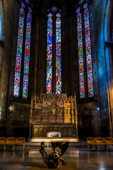 View of the famous stained glasses in Arezzo Cathedral (Cattedrale di Ss. Donato e Pietro) in the...