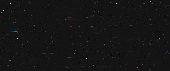 Abstract glitch stars on dark night background. Resembles shooting stars in a night sky. Techno glitch style backdrop. Glitched banner with TV noise, poster design template in futurism style