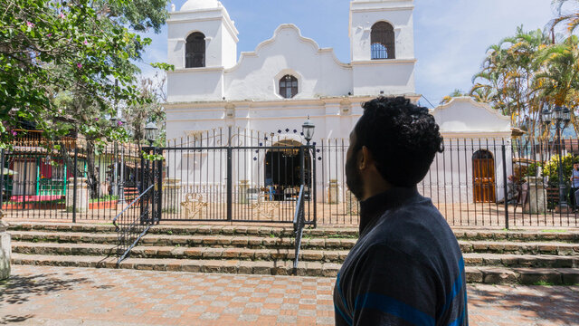 Man in front of Valle de Angeles Church Francisco Morazan Honduras